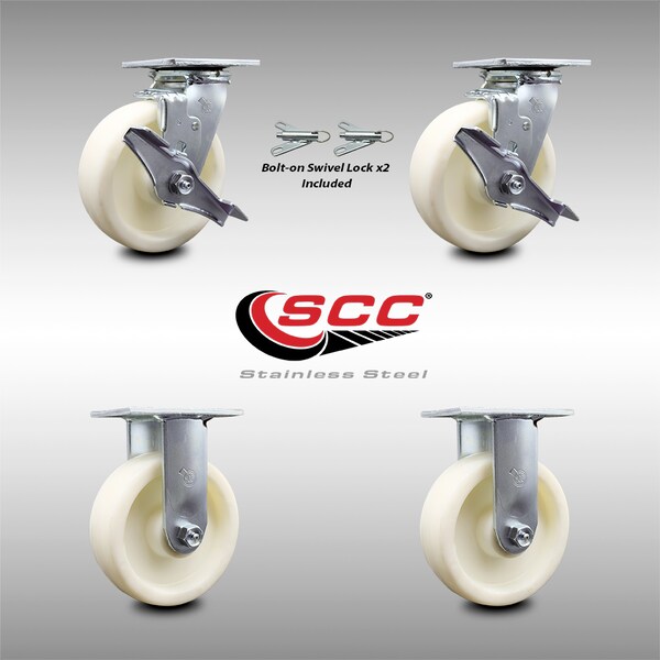 Service Caster 6 Inch Stainless Steel Nylon Caster Set with 2 Brakes/Swivel Lock 2 Rigid SCC SCC-SS30S620-NYB-TLB-BSL-2-R-2 - main